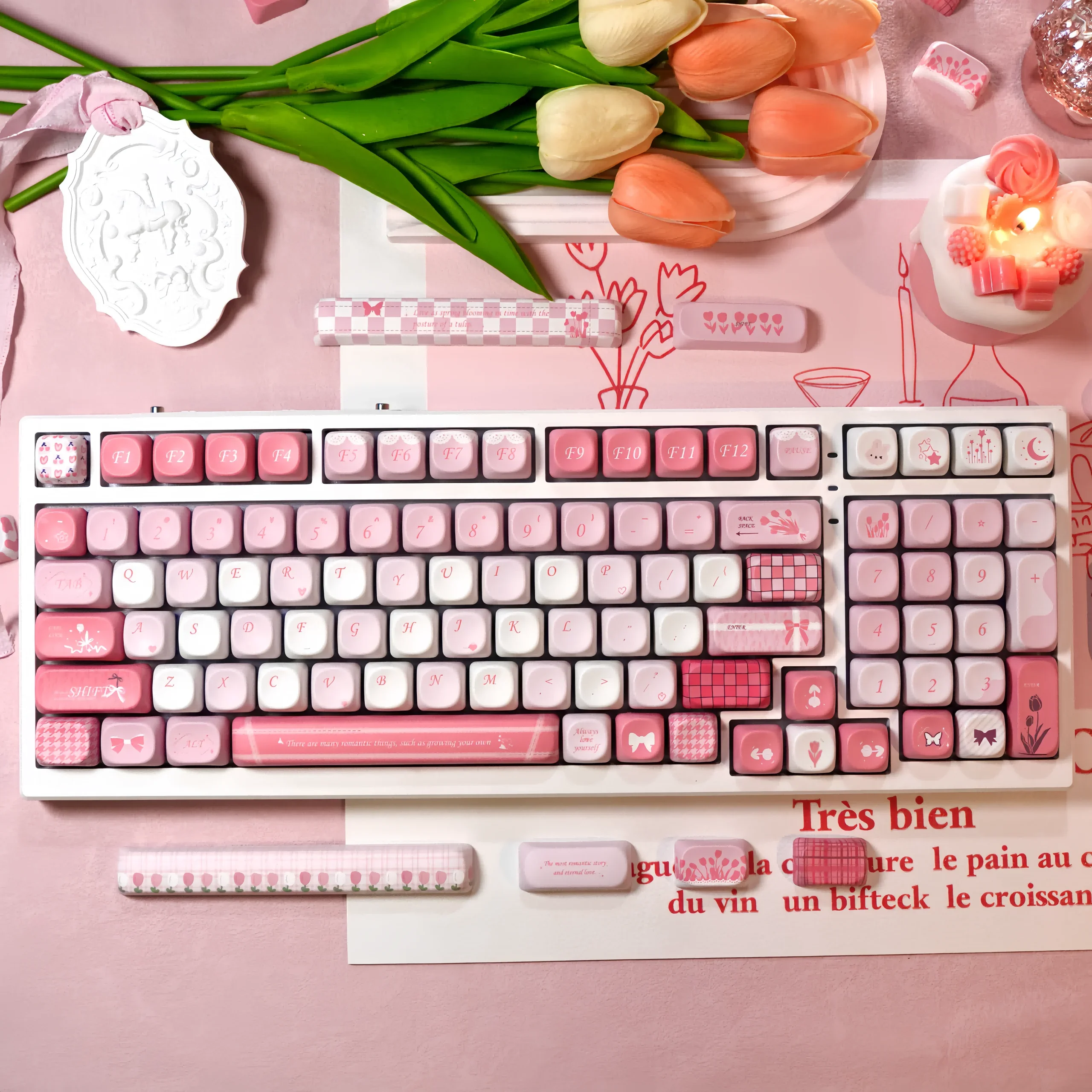 Moa TULIP Keycaps 140 สีชมพูสดขนาดเล็กน่ารักรอบสไตล์ฝรั่งเศสตัวอักษร L ใส่คีย์ 2.25/2.75U Space Bar Alice รูปแบบ Keycaps