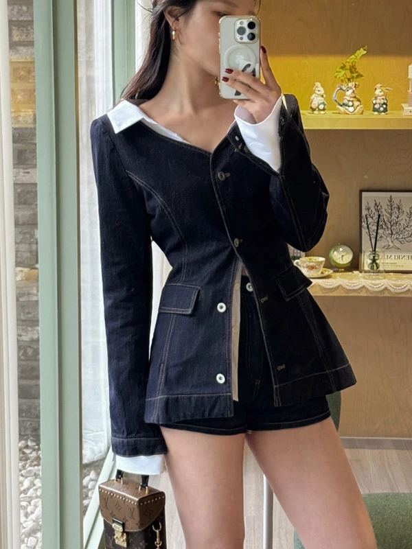 

Faionable Retro Button-Up Slim Fit Denim Top High Waist ort Pants Women's Two-Piece Set Korean Sle Autumn Wear
