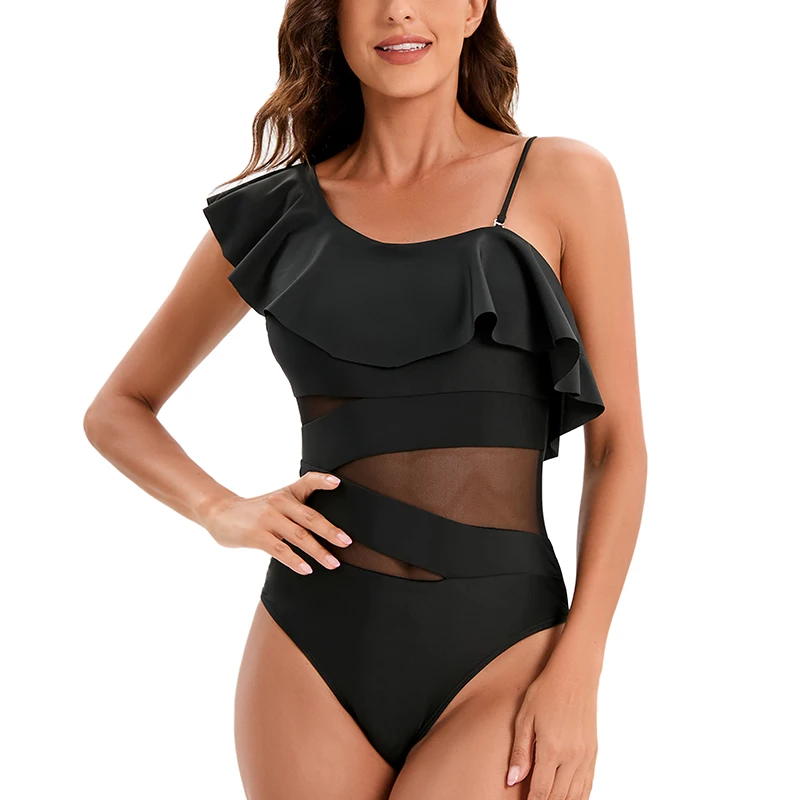 

2025 Sexy Push Up Ruffle Bikini Women Swimsuit Female Swimwear Mesh Bikinis Black One Piece Brazilian Beach Bathing Suit Biquini
