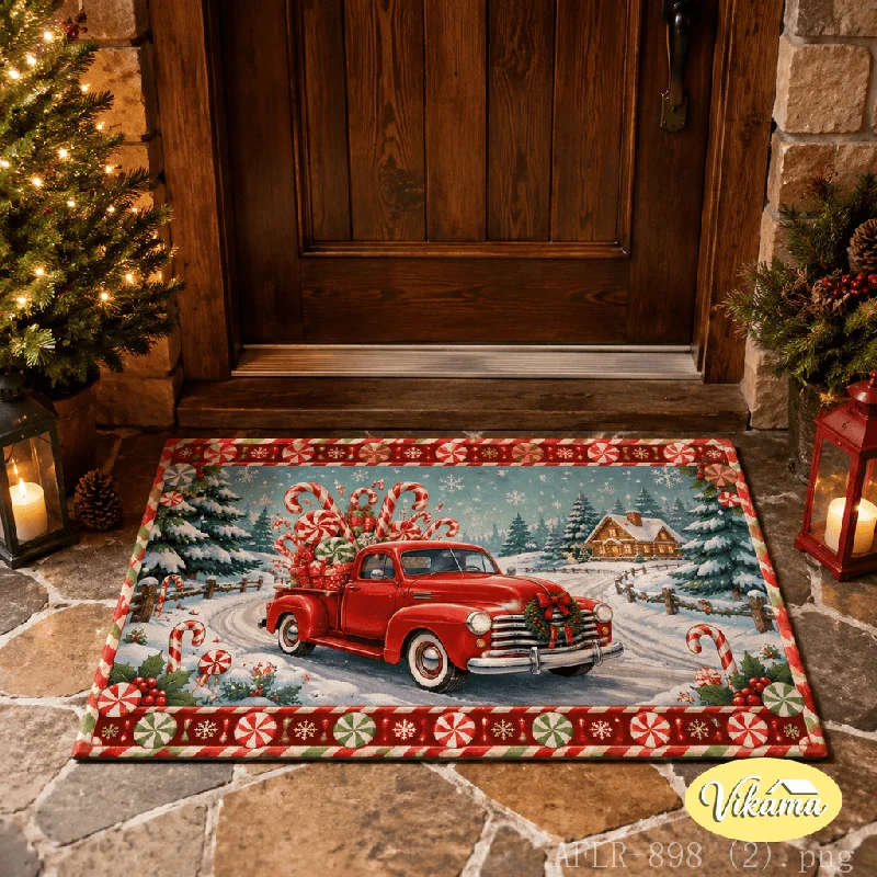 etro Red Christmas Truck Doormat, Soft Non-Slip Entryway Mat, Christmas Holiday Rug, Front Door Home Decor