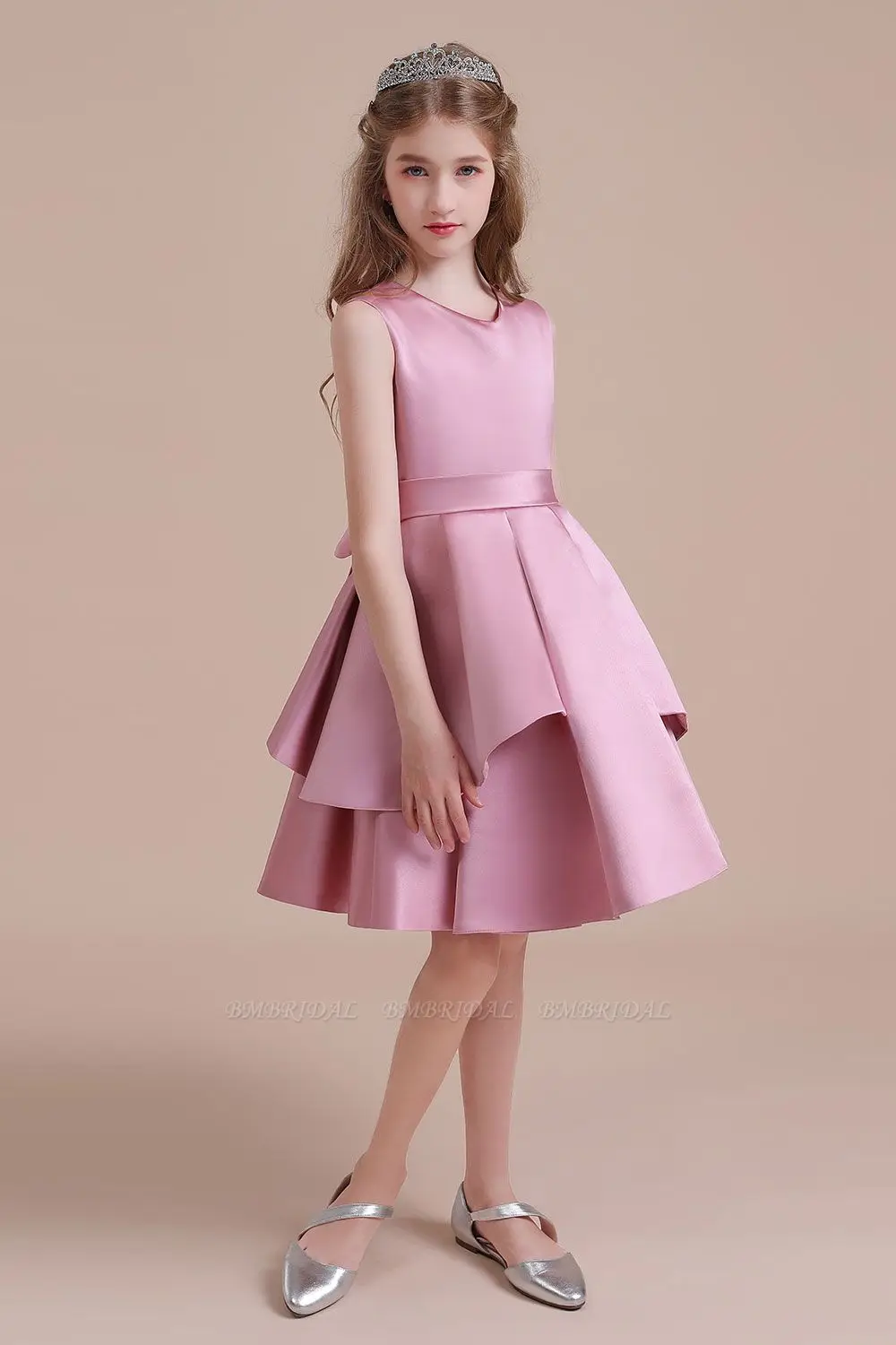 Vestido de flores de satén rosa para niñas pequeñas, vestido de princesa con cuello en V, corte A, boda, fiesta de cumpleaños, ajuste elegante personalizado, 2-14 años