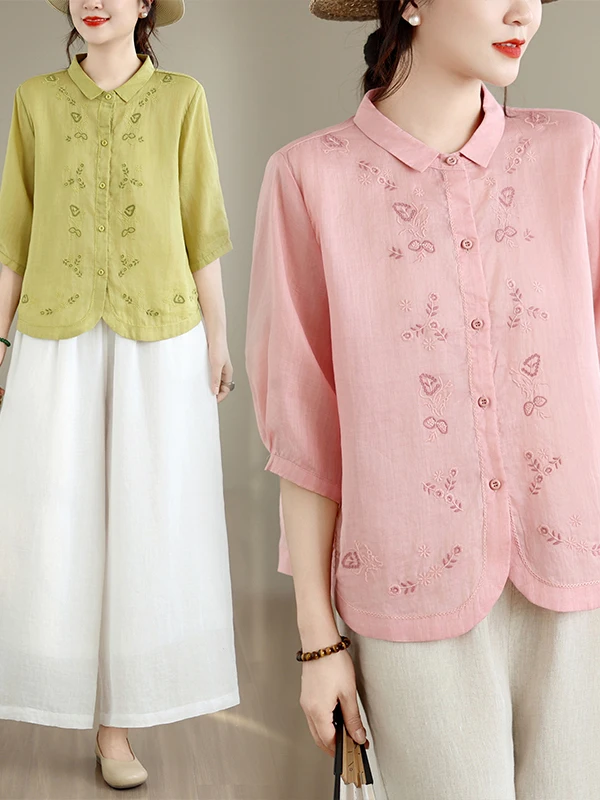 

High-End Short-Sleeve Embroidered Casual Shirt for Women plus Size Heavy Work Design Versatile Top Breathable Summer Fashion