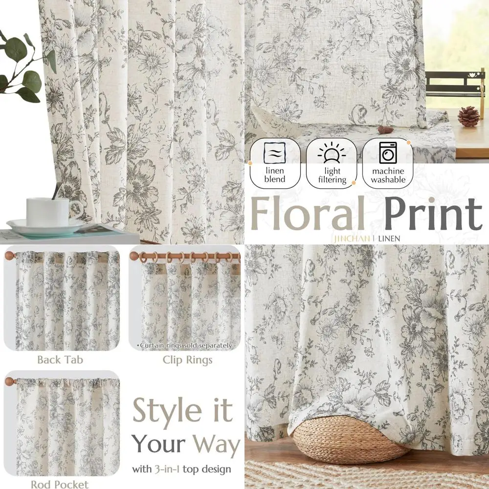 

Серые льняные шторы с цветочным принтом, длина 90, узор пиона в фермерском доме, комплект из 2 панелей для гостиной и спальни