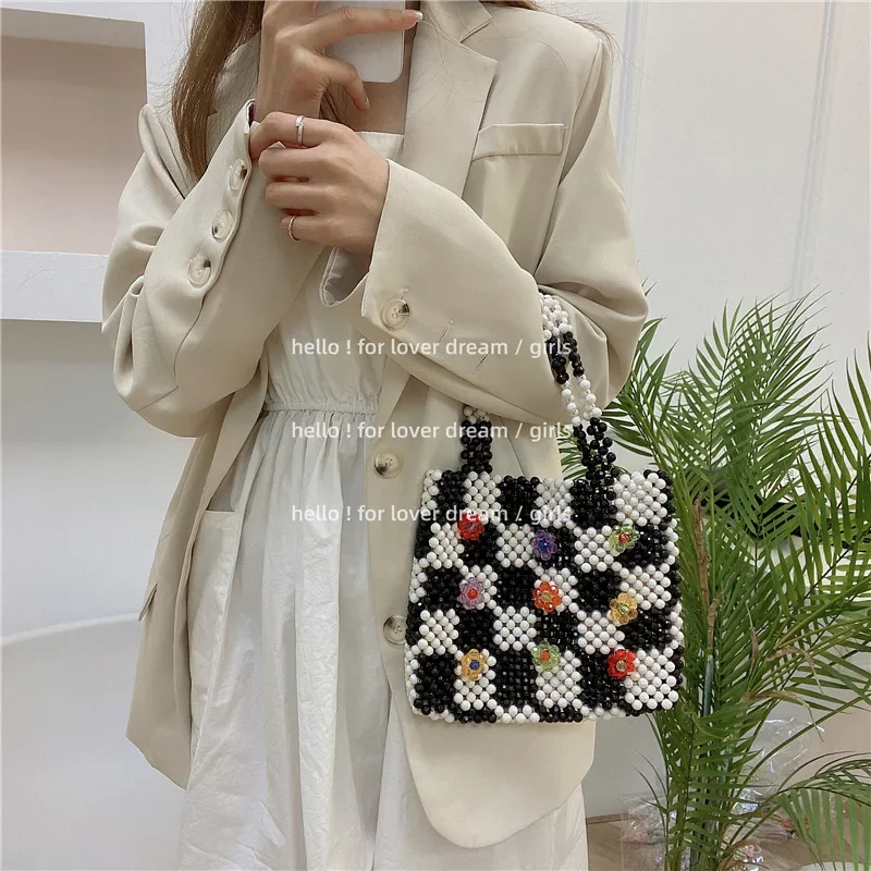 

Fashion Sweet Cool Style Colorful Flower Design Shopping Summer Outdoor Bags for Women Checkerboard Beaded Handbag 2024 HandMade