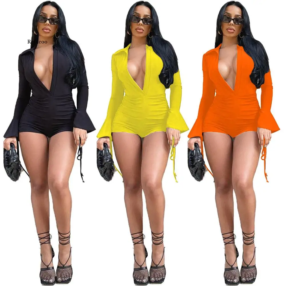 

High Waist Sexy Femme Club Party Playsuits Summer Ruffles Sleeve Shorts Mini One Piece Set Women Solid Skinny Long Sleeve Romper