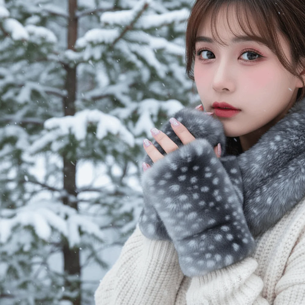 Thickened Fingerless Furry Gloves Elastic Cuff Skin Friendly Half Finger Mittens Fluffy Texture Washable Wrist Sleeve