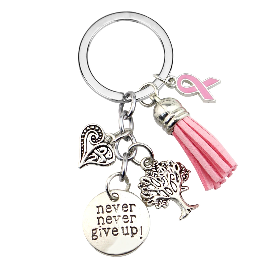 Breast Cancer Awareness Pink Ribbon Tassel Keychains Heart Life Tree Never Give up Charms Key Chain Jewelry