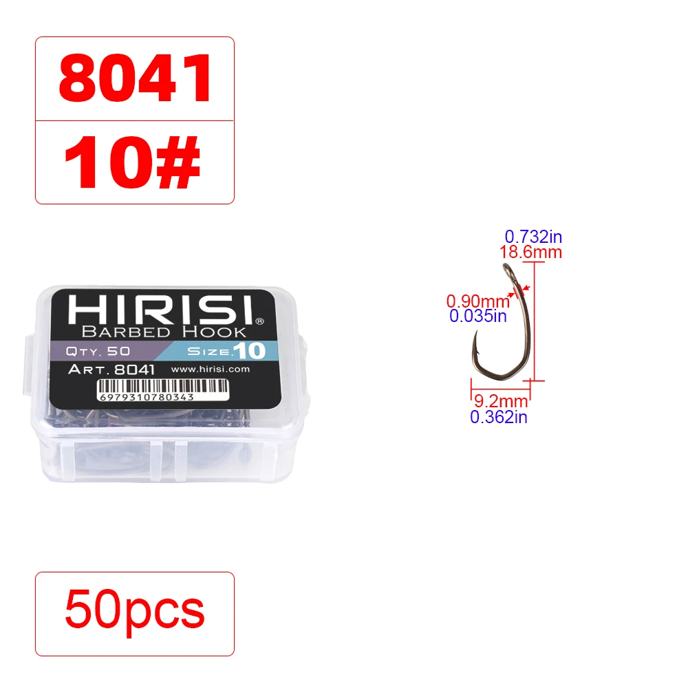 Hirisi 8041 50 Stück PTFE-beschichtete Angelhaken aus Hochkarbon-Edelstahl Rostfrei Scharfe Spitze mit Widerhaken und Öse für Angelzubehör