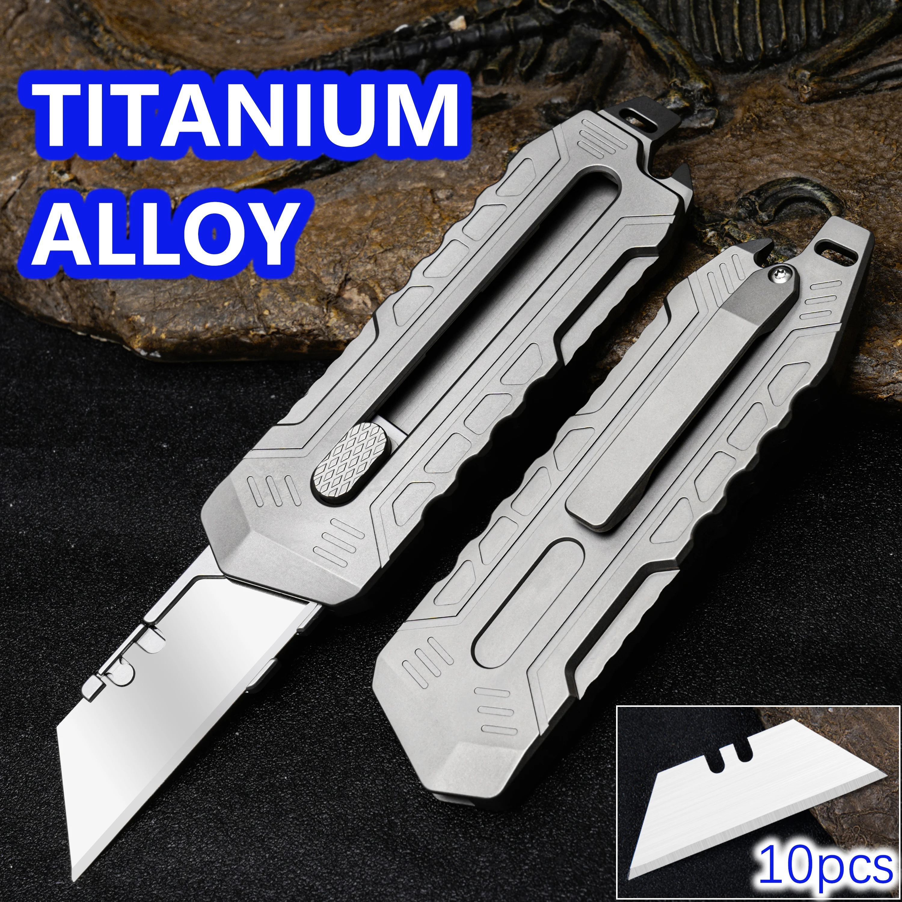 Titanium Alloy Utility Knife OutdoorTactical Multifunctional EDC Hand Tool DIY Art Craft Cutter 10pcs Trapezoidal Blade  ﻿