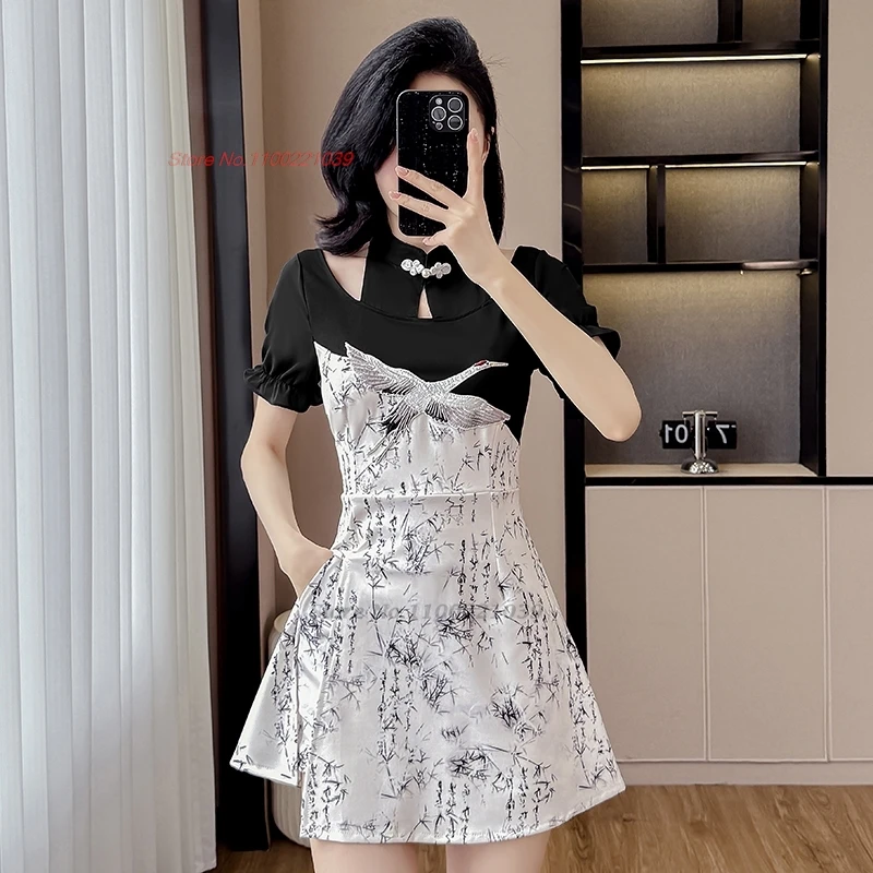 

2025 chinese sexy nightclub dress beauty uniform improved cheongsam crane embroidery qipao dress+shorts set hotel spa work dress
