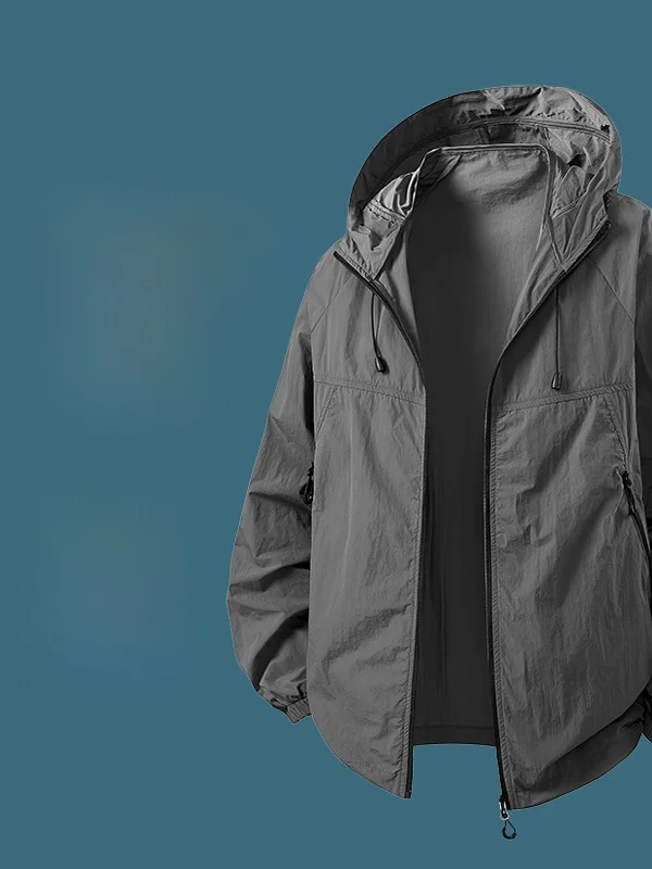 

Новая легкая водонепроницаемая куртка 2025 года с капюшоном, защитой от УФ-излучения UPF50+, из нейлоновой ткани, с современной молнией.