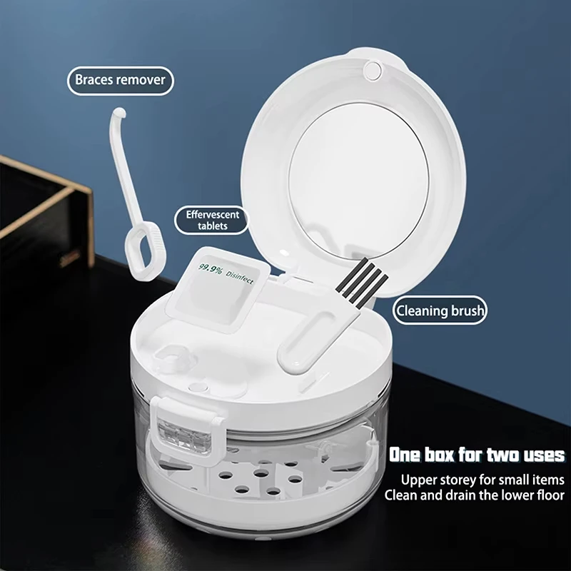 2-in-1 mehrschichtiger Prothesenhalterkoffer mit Magnetkappe, Reinigungs-Aufbewahrungsbox mit Reinigungsbürste, auslaufsichere orale kieferorthopädische Box – Detail 4