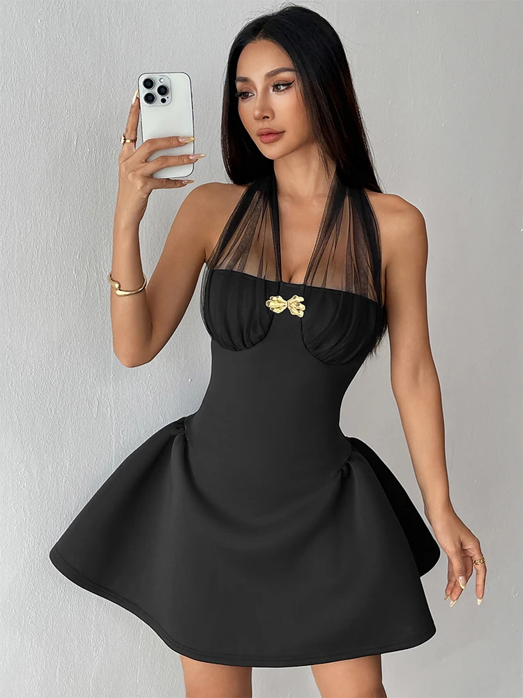 Mulheres a linha vestidos de verão streetwear moda casual magro halter vestido preto sexy sem costas ver através vestidos com decote em v roupas
