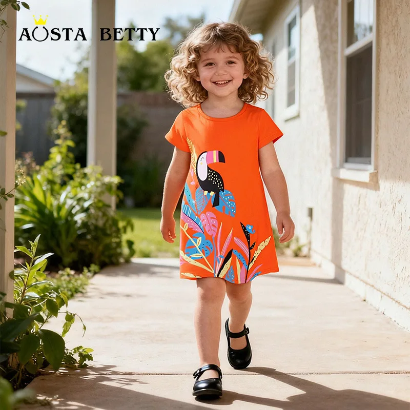 

Wind-themed girls' dress26Summer Knitted Cotton Short Skirt for Children, Cartoon Print Princess Dress, Dropshipping Available
