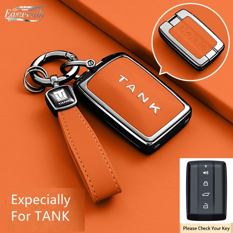 Car Zinc Alloy Leather Remote Key Case Cover Holder Chain For Tank Great Wall GWM WEY TANK 300 500 Tank300 Interior Accessories