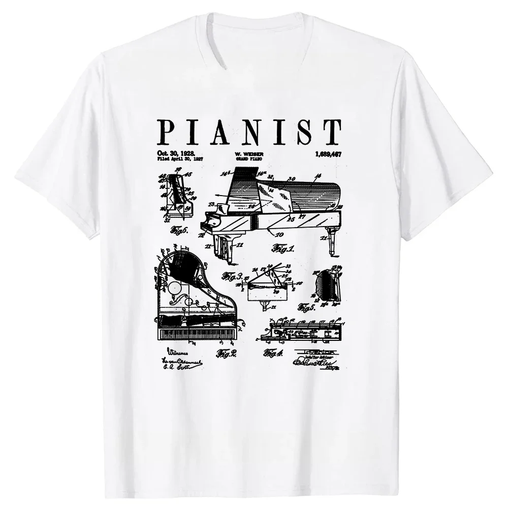 Summer Cotton Streetwear Short Sleeve Musical Instrument Gifts T-shirt Grand Piano Old Vintage Patent Pianist Drawing T Shirts