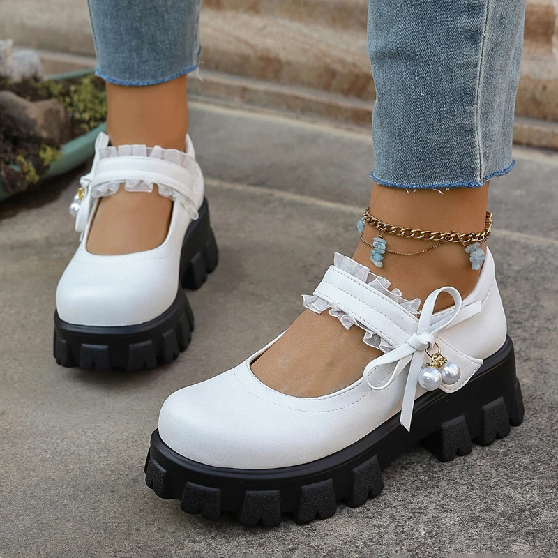 

Женские туфли Мэри Джейн в стиле Лолита с кружевом и бантом, белые, на толстой платформе, весна 2026, в японском стиле JK, для униформы