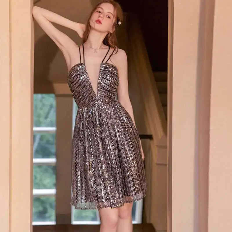 Abendessen, Hochzeit, Party, Pailletten, schmale Passform, 1920er-Kleid, sexy Nachtclub-Hosenträger, Brautjungfern-Minikleid-Host