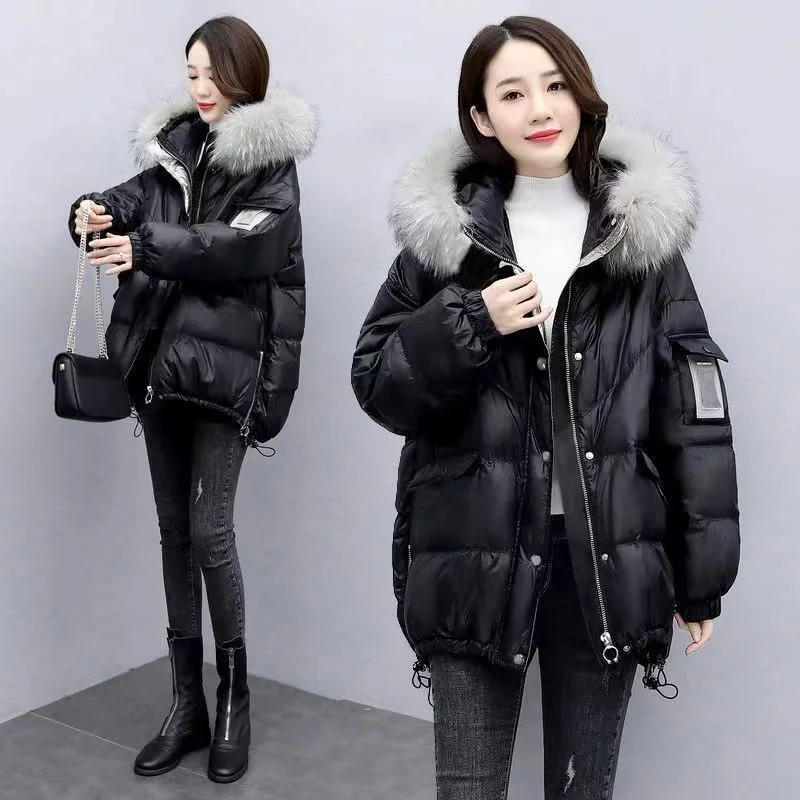 Down Cotton Jacket 2024 New Women's Mid Length Korean Version Loose Fitting Thick Jacket Large Woolen Collar Winter Hooded Outfi