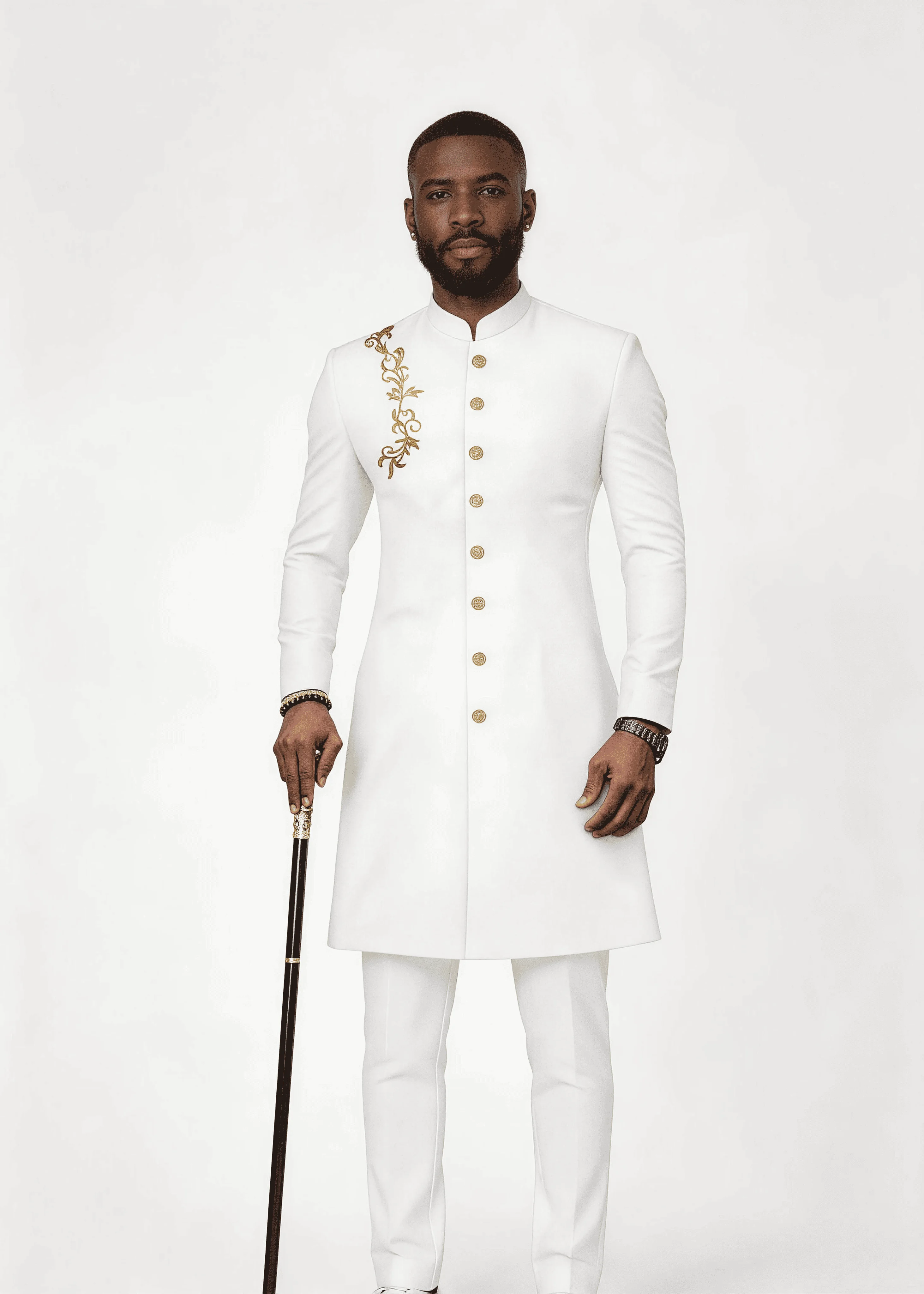 

Men’s Solid White Gold Floral Embroidery Formal Wear Set Stand Collar 2 Piece Wedding Groom Tunic Jacket & Pants Prom Homecoming