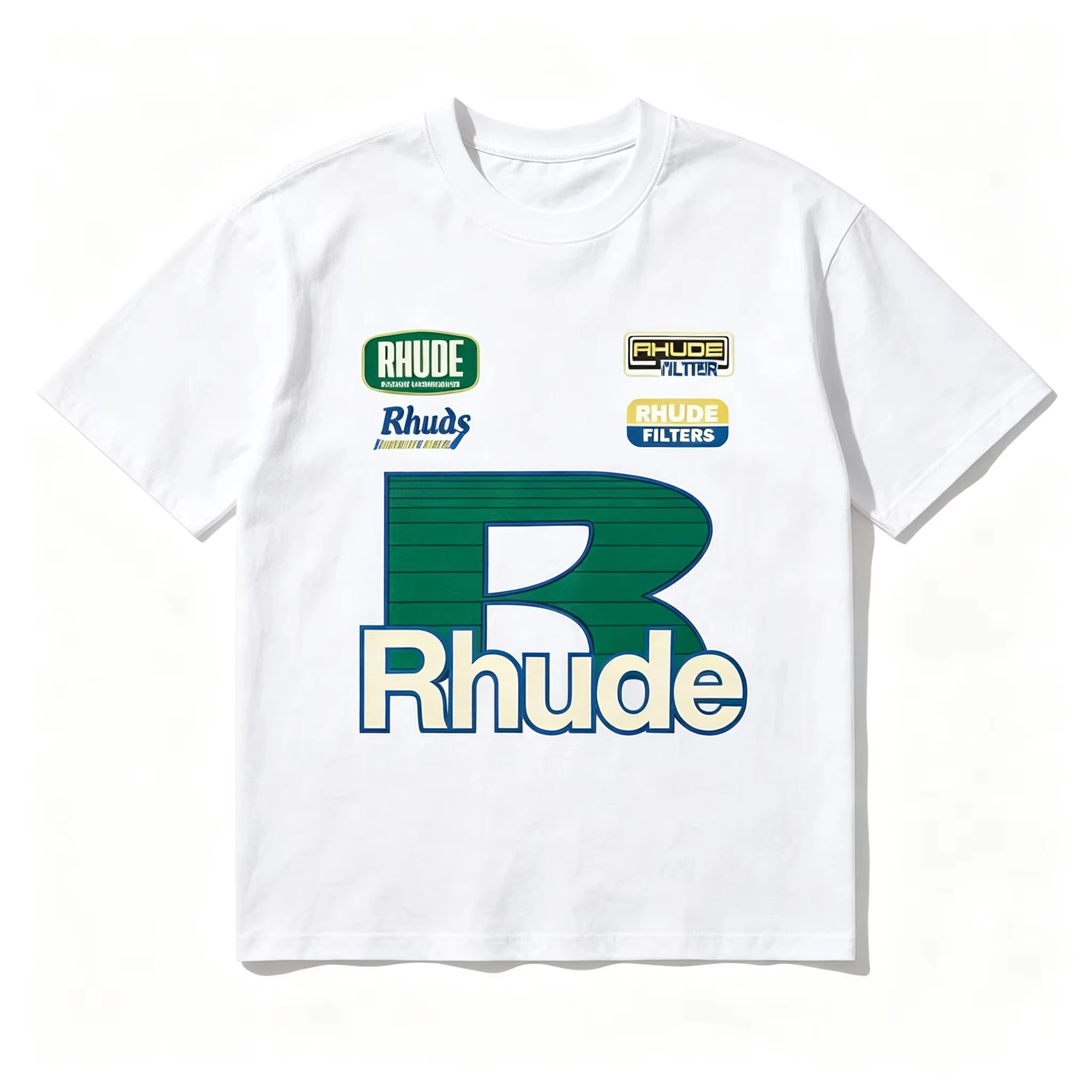2026 New Rhude Retro Racing Style Big Letter R Multi Badge Front Print TShirt Oversized Unisex Streetwear Motorsport Graphic Tee