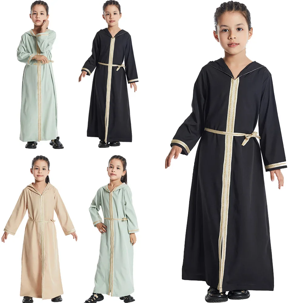 Girls Kids Hooded Dress Morocco Kaftan Muslim Islamic Clothing Children Eid Jalabiya Dubai Turkey Robe Saudi Arabic Caftan Abaya