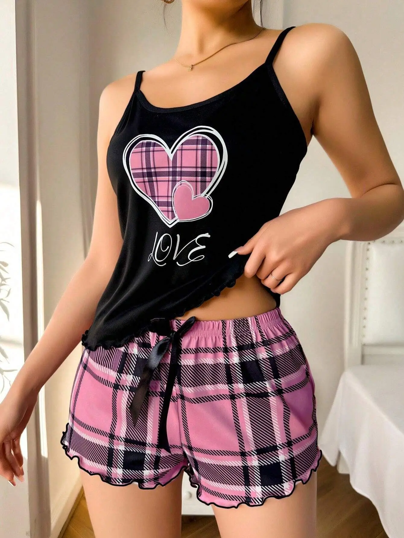 Frauen Sexy Hosenträger Shorts Dünne Pyjamas Brief Drucken Plaid Shorts Große Pyjamas Romantische Hause Tragen Sexy Nachtwäsche Kurze Pyjama – Detail 8