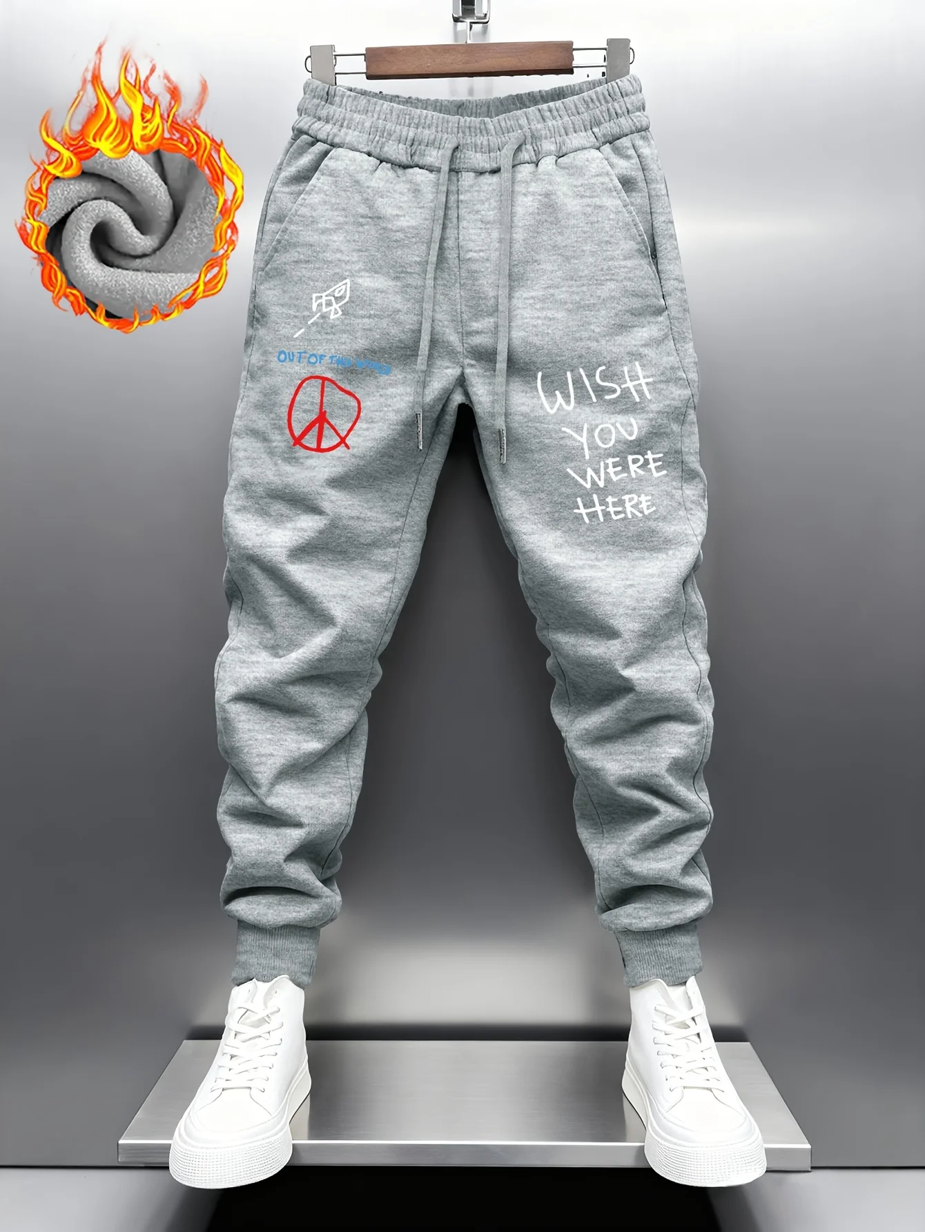 Travel‑styled hand‑draw airplane peace symbol text artwork print relaxed loose sweatpants men hip hop sports casual jogger pants