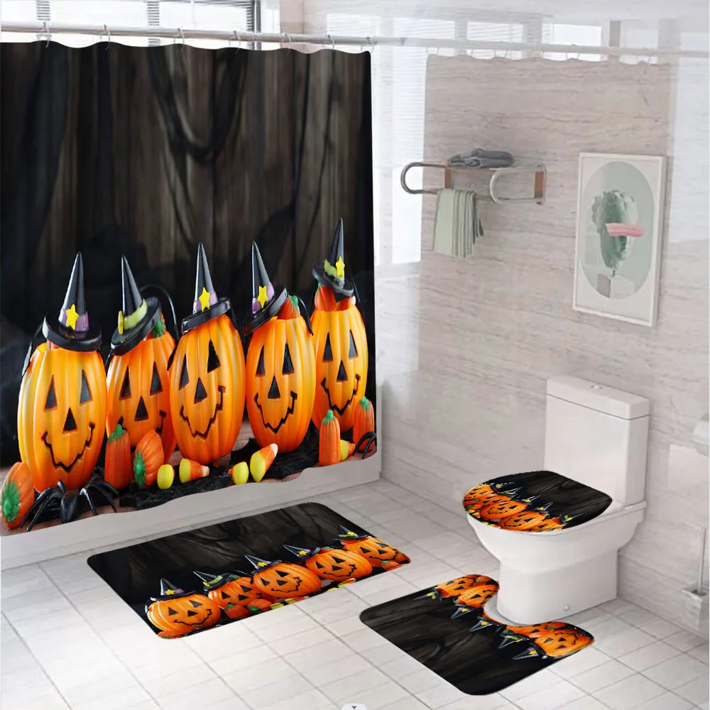 4Pcs Haloween Pumpkins Shower Curtain Set Toilet Lid Cover Non-Slip Rug Bath Mat Holiday Funny Witch Hat Spider Bathroom Screen