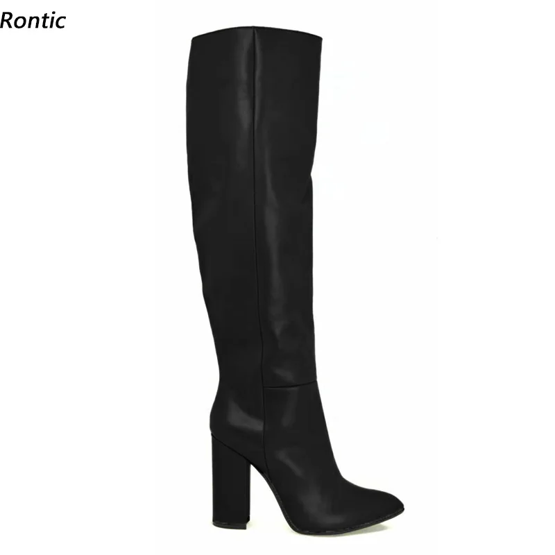 

Rontic Женские зимние сапоги до колена ручной работы унисекс с боковой молнией на блочном каблуке с круглым носком Элегантные черные, белые туфли для вечеринок Размер США 5-20