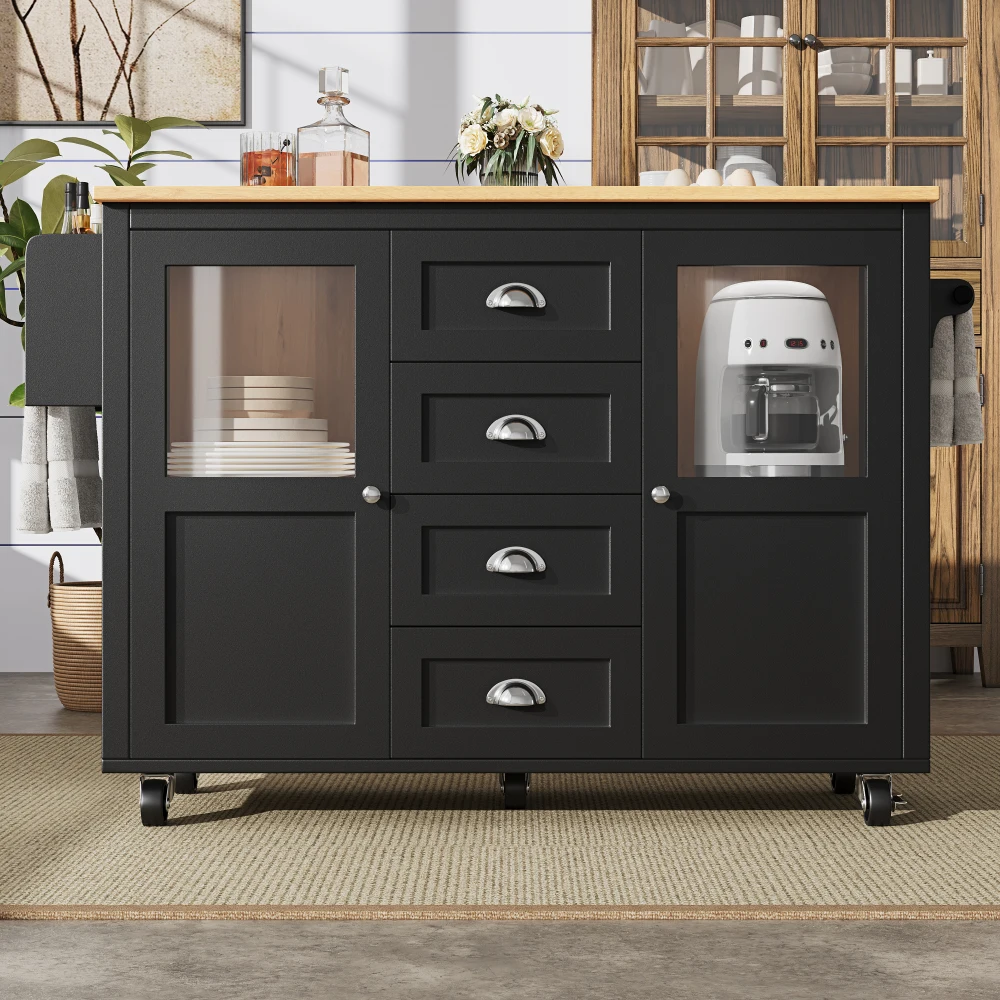 Kücheninsel، 54-Zoll-Sideboard، ausziehbarer Küchenwagen mit Handtuchhalter، Gewürzregal، dva Türen، four Schubladed، schwarz
