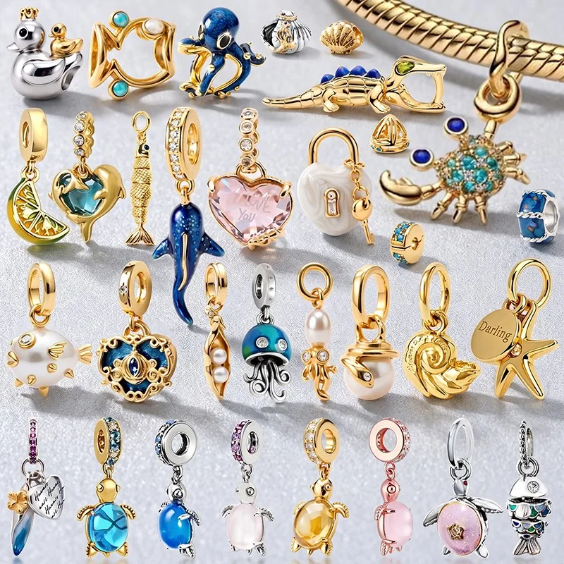 Summer Ocean Theme Charms Cute Sea Turtle Dolphin Octopu Dangle Pendants Beads Fit DIY Snake Chain Bracelet Women Jewelry Making