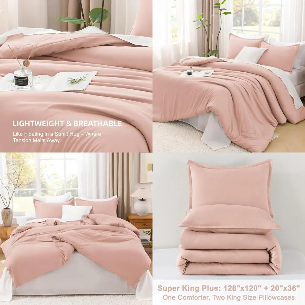 

Super King Plus Size Bedding Set, 3-Piece Lightweight Solid, All-Season Fluffy Comforter with Pillowcases (128x120in)