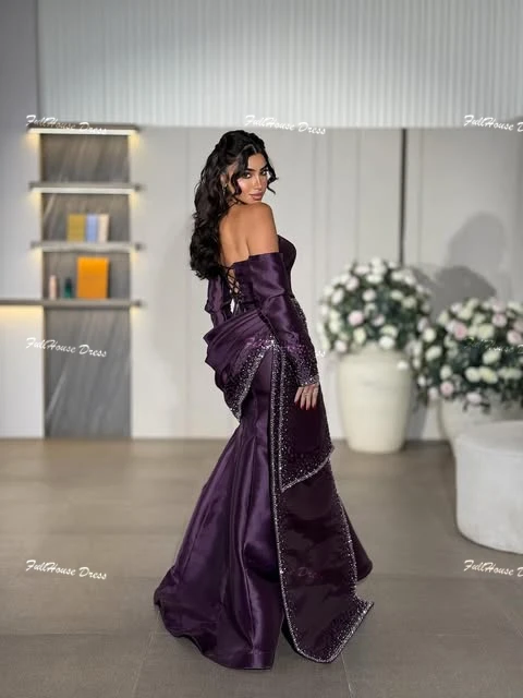 Robe de soirée plissée en Satin, personnalisée, intemporelle, manches 3/4, col bateau, Sexy, droite, dos nu, longueur au sol, perles, robe saoudienne