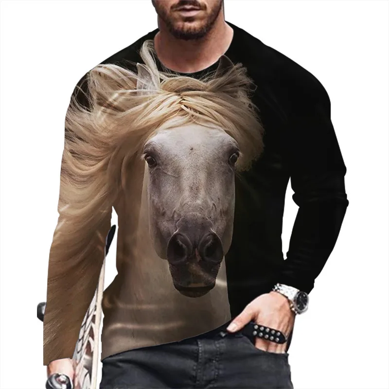 Gallant Horse 3D Animal Print Autumn Men\'s Round Neck T-shirt Casual Long Sleeve T-Shirt Oversized Pullover Trend Men Clothing