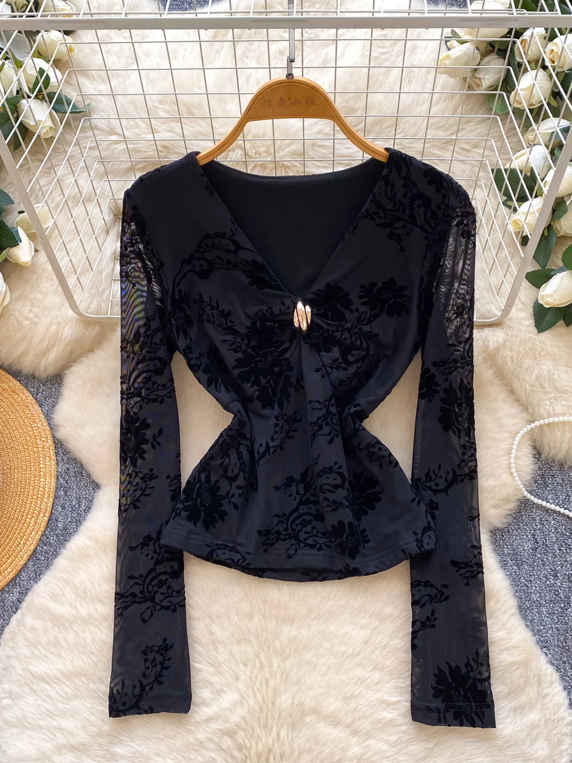 Retro V-Ne Long Sve Floing Me irt المرأة سليم صالح الراقية يشعر عقدة تصميم زر معدني قاعدة irt الكورية Sle... #3