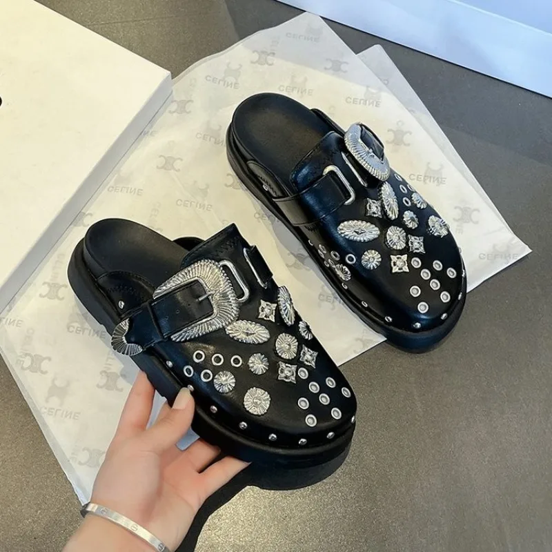 

Summer Women's Slippers Platform Rivet Punk Rock Leather Creative Metal Accessories Casual Party Shoes Women's Outdoor Shoes