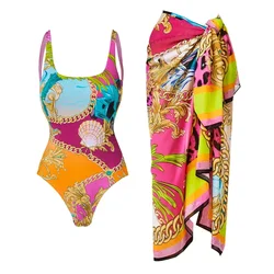 2024 Women Round Neck Shell Printed One Piece Swimsuit and Skirt Set Swimwear