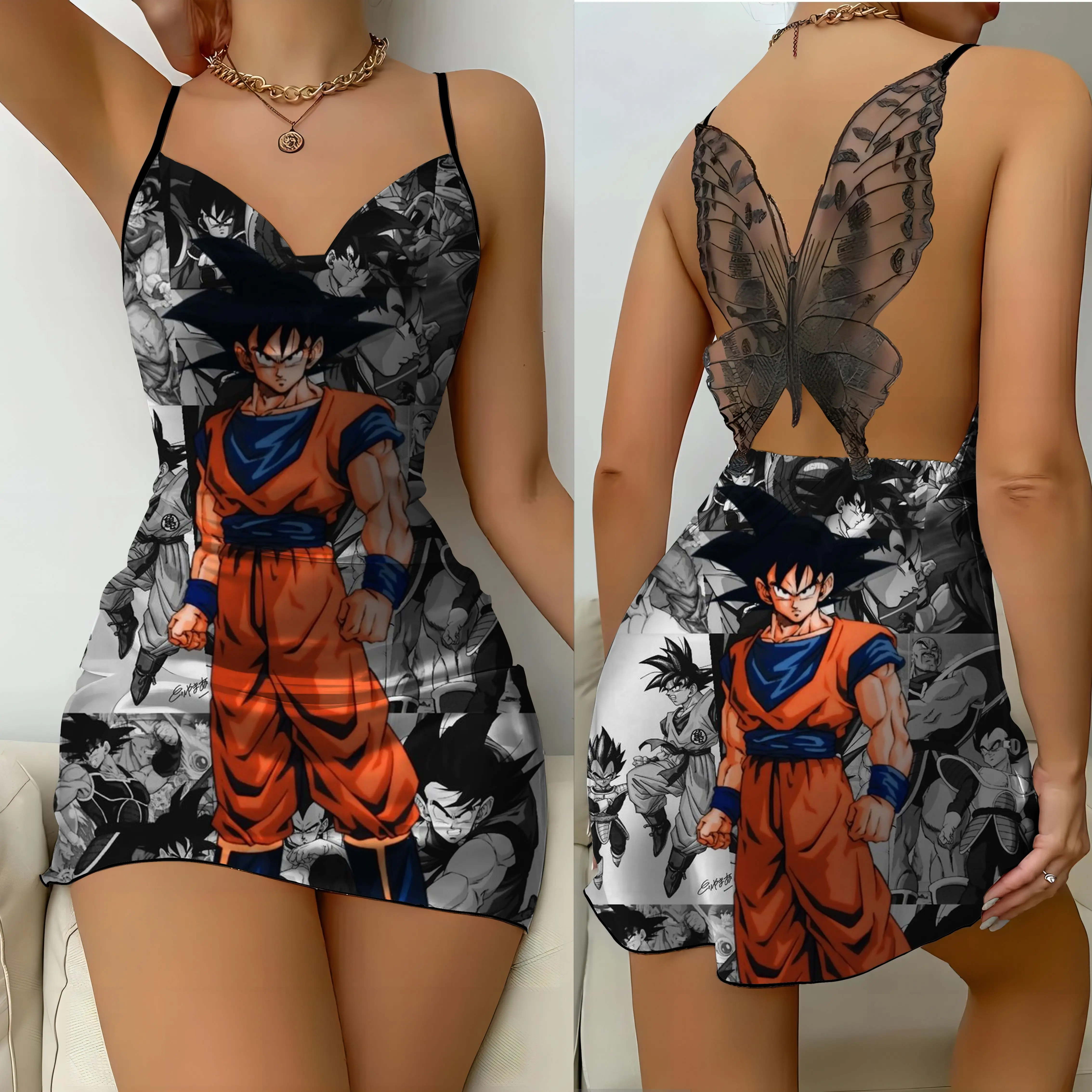 Womens Dresses Dragon Ball Bow Knot Slip Dress Son Goku Pajama Skirt Satin Surface Fashion Summer 2024 Party Mini Sexy Lace Home