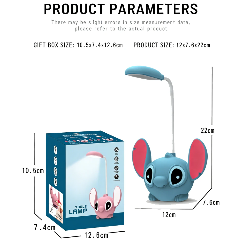 Urocza lampka biurkowa LED Lilo i Stitch z ładowaniem USB, ostrzałką do ołówków, ochrona oczu, lampka nocna, dekoracja pokoju, prezent urodzinowy