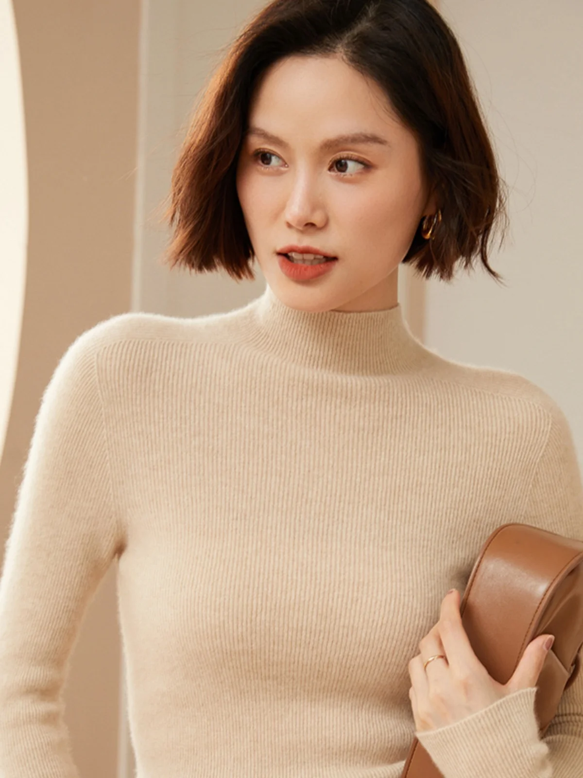 Fall/winter models 100% pure cashmere semi-high neck slim sweater women