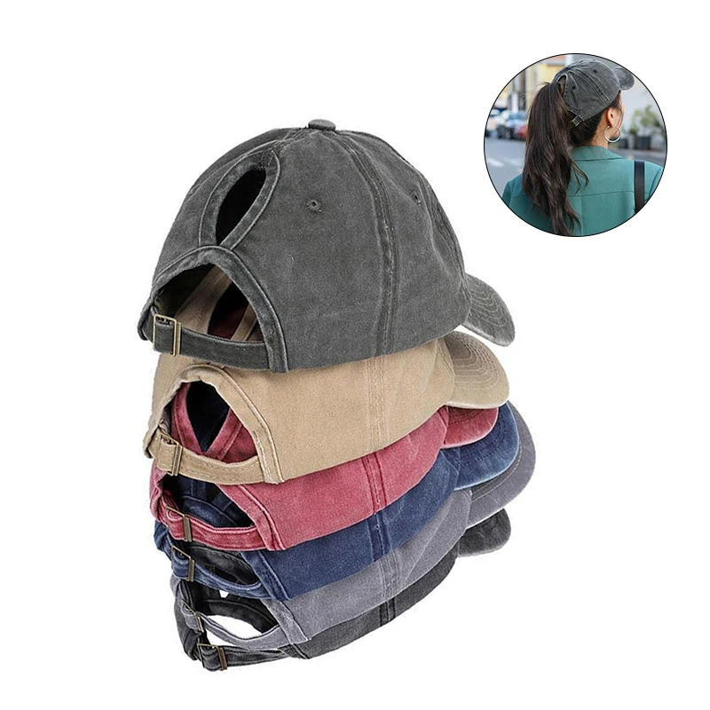 

1Pcs Vintage Ponytail Baseball Cap Women Girls Pure Color Soft Washed Cotton Summer Woman Hat Messy High Bun Cap