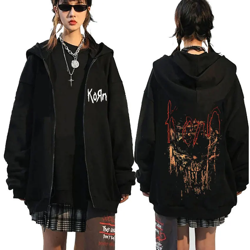 Rock Korn Band Skeleton Graphic Zipper Hoodie Male Rare Metal Music Zip Up Hoodies Men Gothic Vintage Oversized Zip Up Jacket