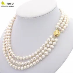 Elegant Fashion 3Rows 7-8mm Natural White Akoya Cultured Pearls Necklace Jewelry Making Woman Wedding Christmas Gift 17-19inc