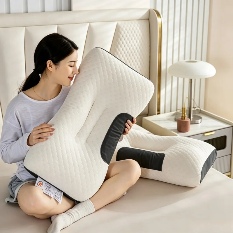 2PC Ergonomic Orthopedic Cervical Neck Pillow, Soft Soybean Fiber Massage Sleep Cushion, Neck‑Protective Household SPA Sleeping