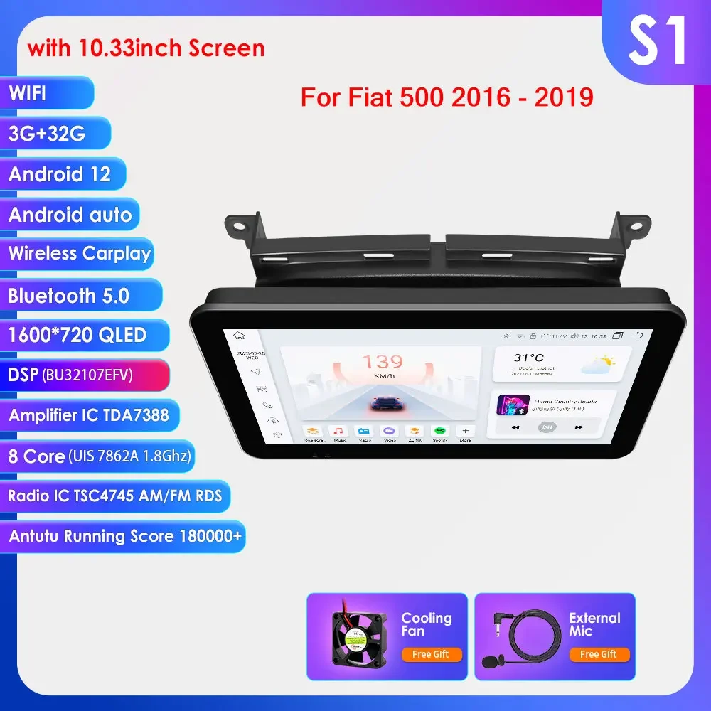 Hizpo 9 ''Draadloze Carplay Android Auto Auto Multimedia Speler Voor Fiat 500 2016 2017 2018 2019 Carplay 4G Autoradio 360 ° Camera