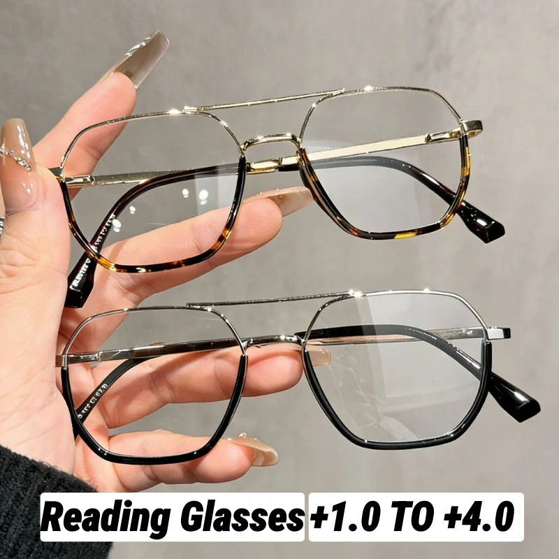 

2026 New Classic Double-Bridge Square Frame Presbyopia Glasses Unisex Fashion Metal Frame Blue Light Blocking Reading Glasses