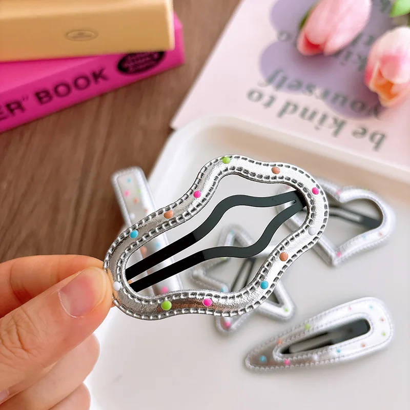5pcs Silver Leather Cutout Hair Clips, Versatile Basic Kids Fringe Clips, Girls Snap Clips Teen Hair Pins, Great for Daily Wear