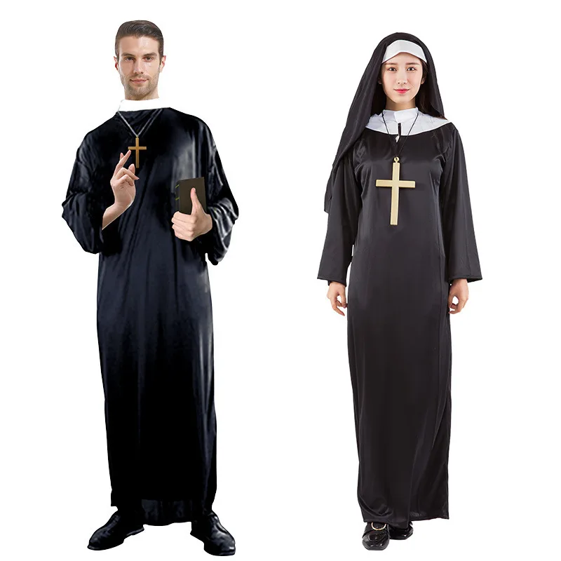 Adults Women Men Nun Virgin Mary Jesus Priest Cosplay Haloween Costumes with Cross Necklace Black Rope Outfit for Masquerade