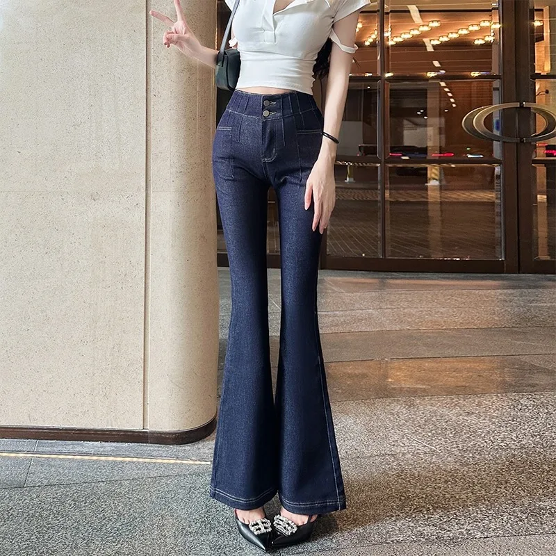 

Джинсы-колокольчики с высокой талией, утягивающие ноги, оригинальные джинсовые брюки в стиле ретро с фиксированной подтяжкой бедер, длинные брюки с контролем живота, синие